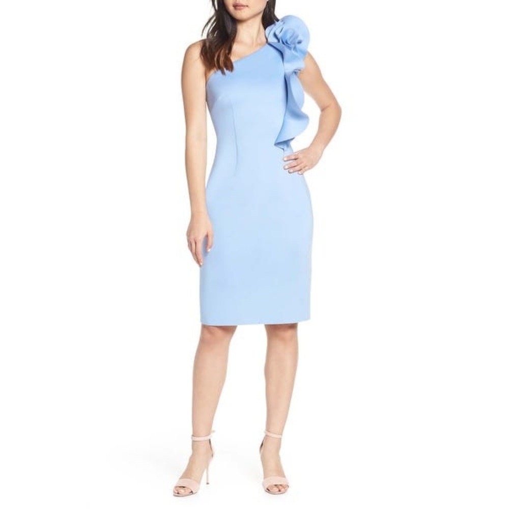 Eliza J Blue Sheath One-Shoulder Cascade-Ruffle